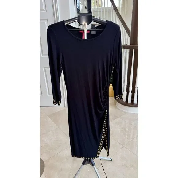 Catherine Malandrino Black Sheath Dress LBD Ruching | Gold Embellishmets Size M - Picture 3 of 14